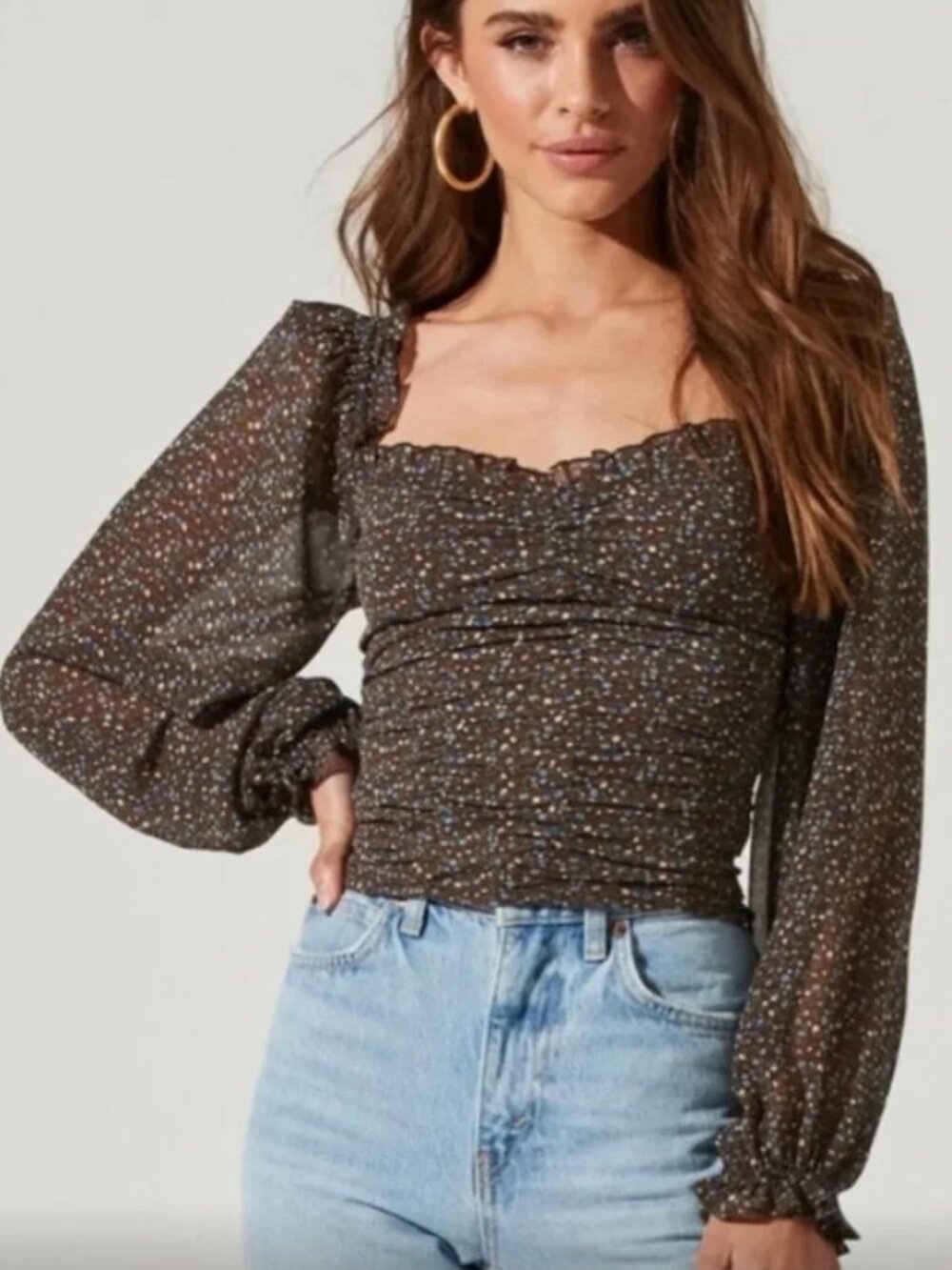 ASTR The Label NWT Ditsy Floral Ruched Long Sleeve Crop Top Womens Size XL